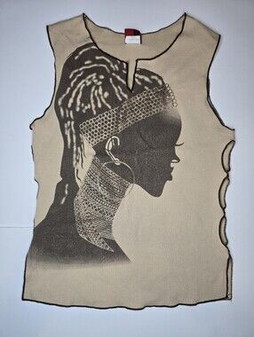 Vintage Y2K Afrocentric Graphic Tank Top Side Lace Up Loop Details Tan Brown L